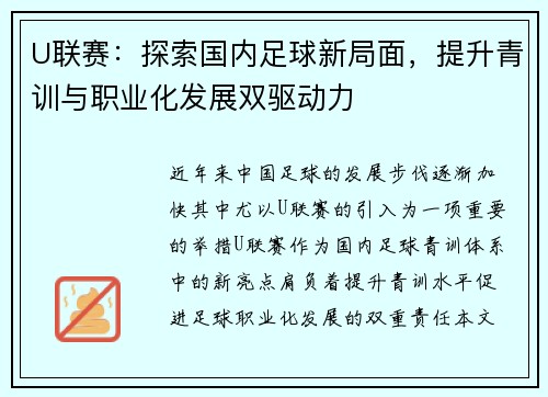U联赛：探索国内足球新局面，提升青训与职业化发展双驱动力